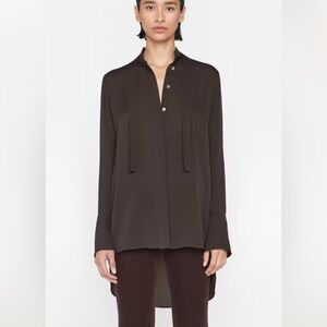 FRAME Silk Button Up Blouse✨ Relaxed Long Hi-Lo Hem XS Brown